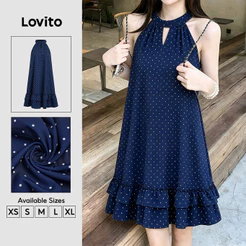 Lovito Vestido Azulmarinho Até O Joelho Linha a Com Bolinhas Babado Recorte E Barra Franzida Para Mulher DRB202P2D129