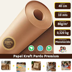 Papel Kraft 80g Com 40cm De Largura x 10 Metros Liso Monolúcido - Comércio E Embalagens