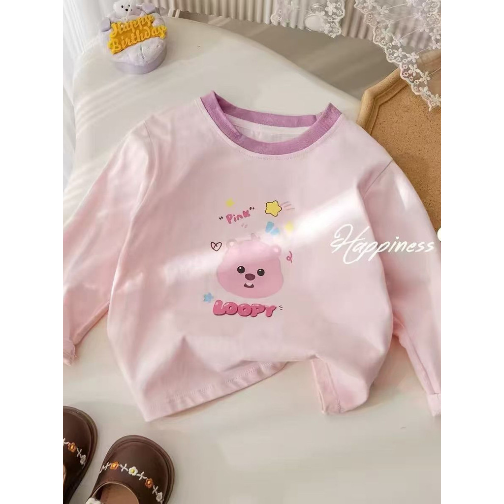 Primavera outono estilo coreano menina de manga comprida camiseta moda impressão dos desenhos animados contraste cor cam