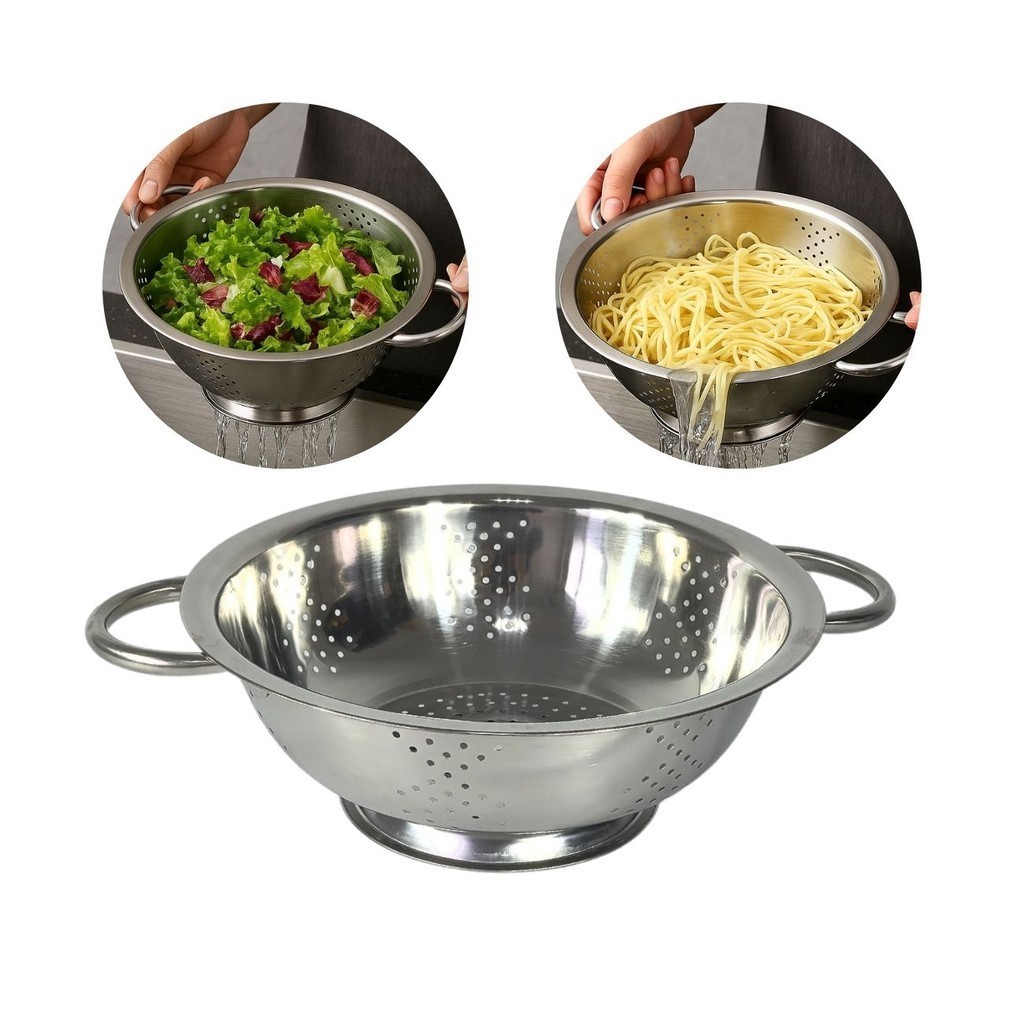 Escorredor Inox Premium 27cm com Alças Para Macarrão, Salada e Legumes Alta Durabilidade e Drenagem Rápida
