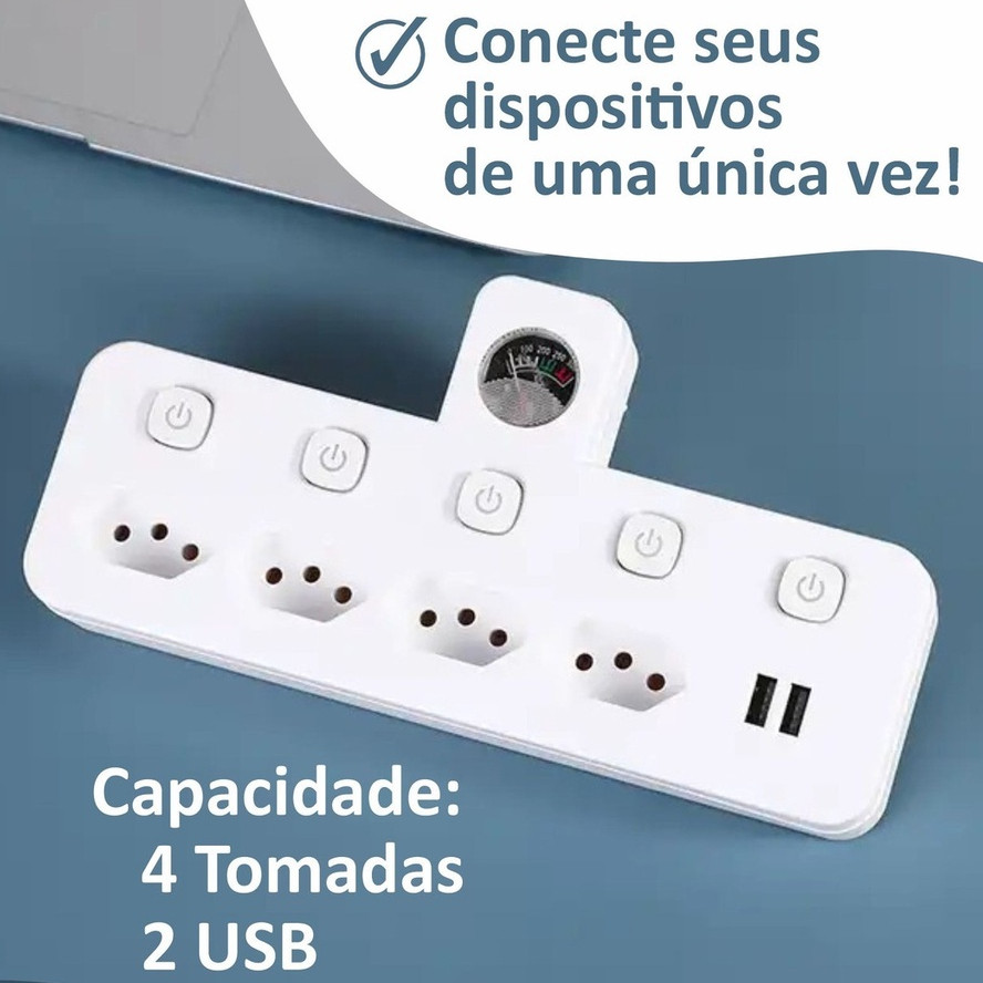 Filtro de Linha Adaptador Extensão de Tomada Plug-In 4 Tomadas 2 USB NBR Voltímetro Analógico