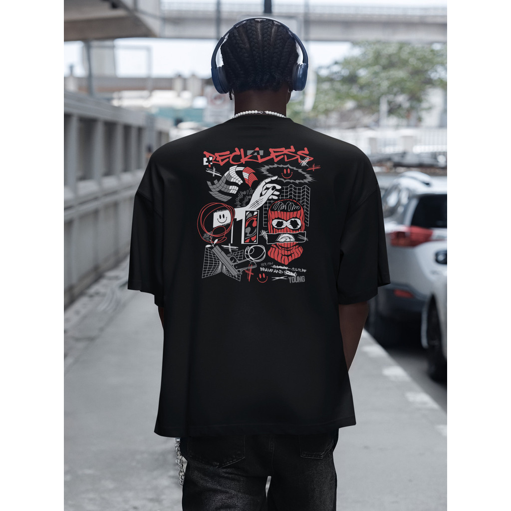 Camiseta Oversized Masculina 100% Algodão Streetwear Estampa Reckless Gola Canelada Treino Unissex Primavera Verão Natal