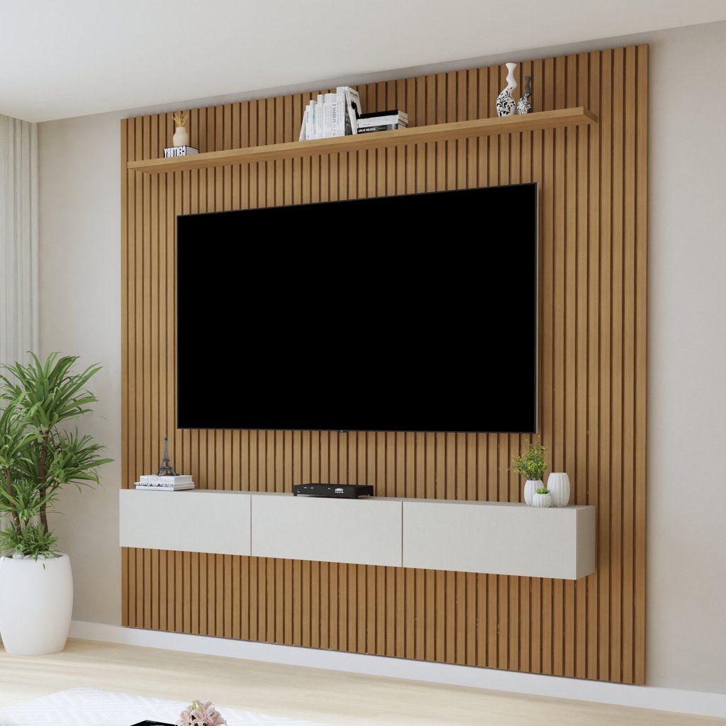 Painel para TV até 75 Polegadas MDF 224cmx218cm Frisado Curitiba Marrom Cinamomo/Off White 224