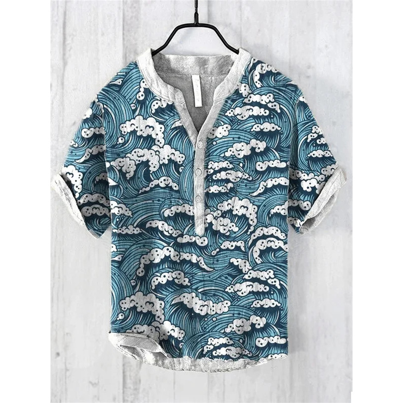 Camisa casual Masculina Corajosa Mistura De Linho Solto Manga Curta Com Decote Em V , Nova Bonita De Verão