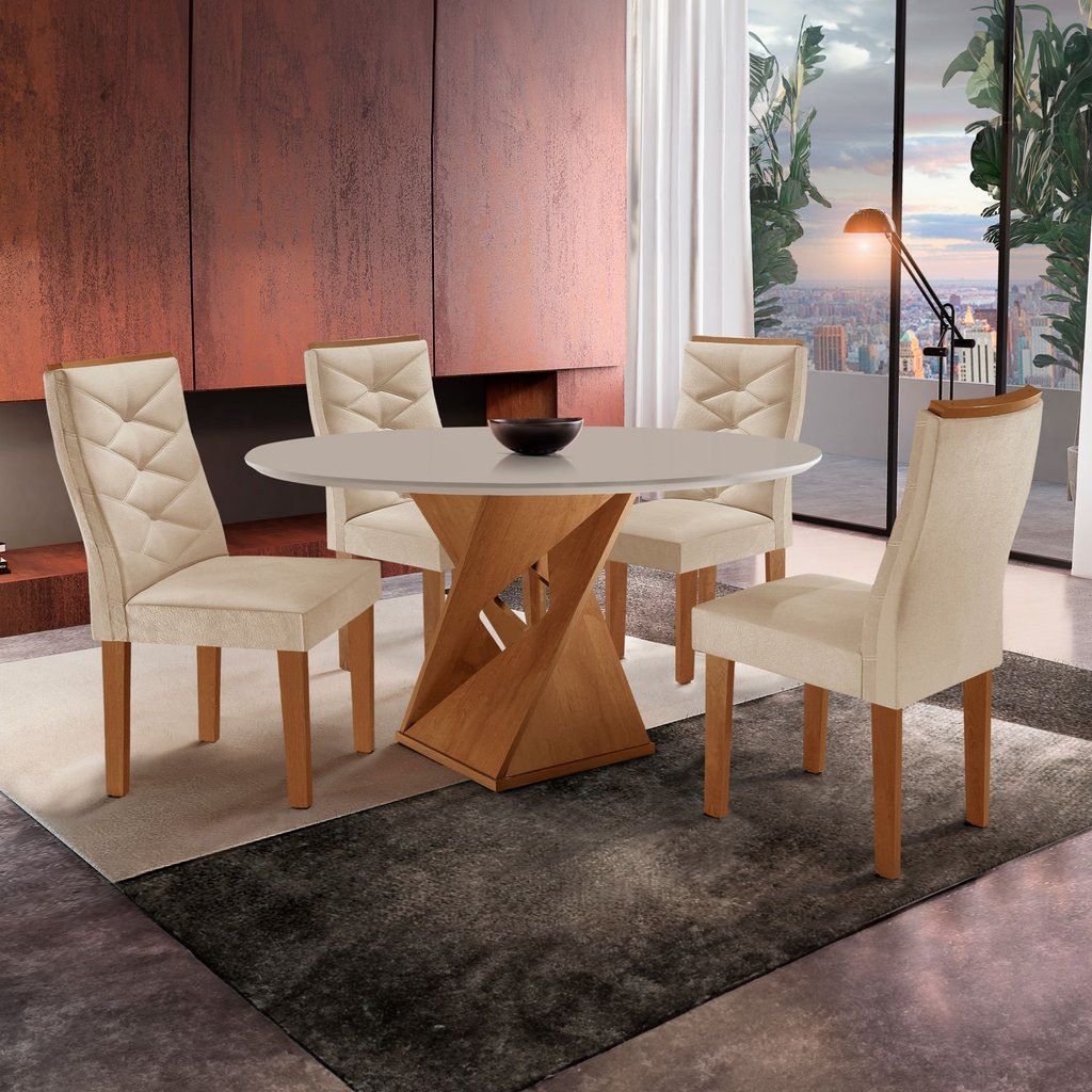 Conjunto Mesa Redonda com 4 Cadeiras Tampo MDF Barcelona Yescasa Cinamomo/Off White/Suede Pena em Oferta na Shopee