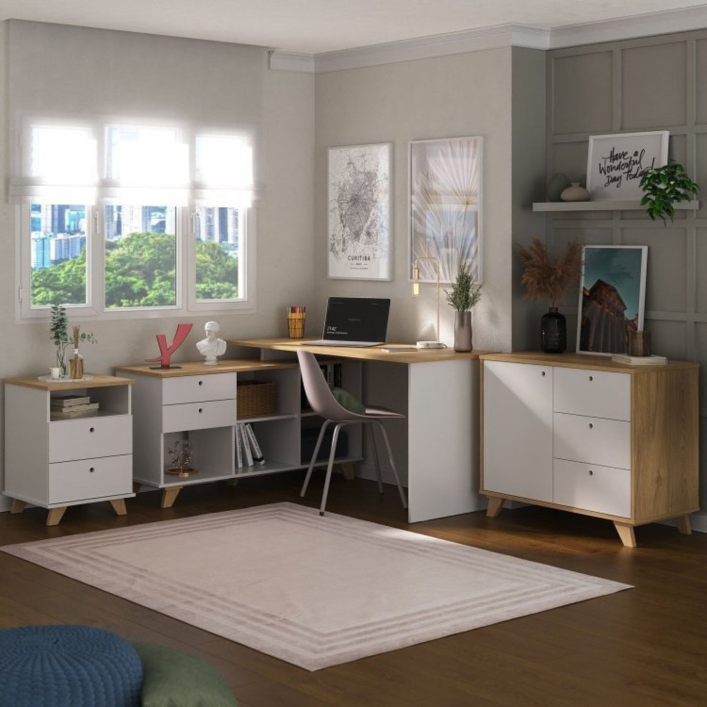 Kit 3 Peças 1 Escrivaninha em L Gold 1 Balcão Lugano 1 Gaveteiro Day em Oferta na Shopee
