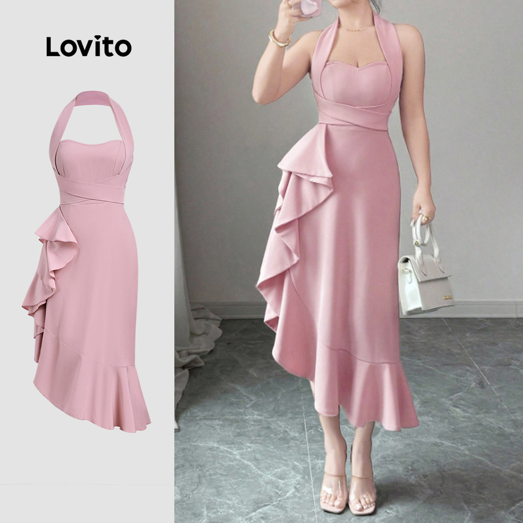 Lovito Vestido Elegante Assimétrico com Babado Nas Costas Sem Mangas Primavera/verão Vestido Rosa Azulado L155AD253 em Oferta na Shopee