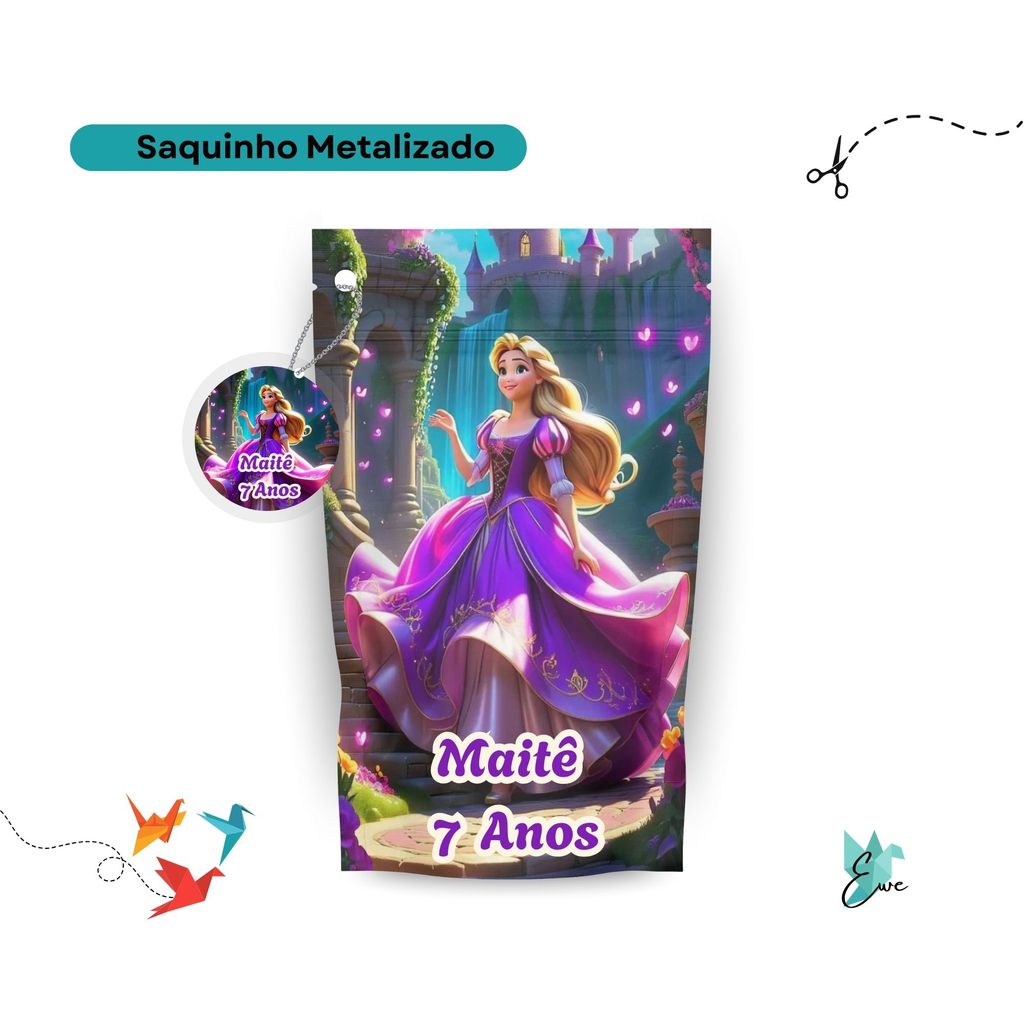 Saquinho Metalizado Rapunzel 12x19 Personalizado - Lembrancinha Aniversário | Saquinho Surpresa