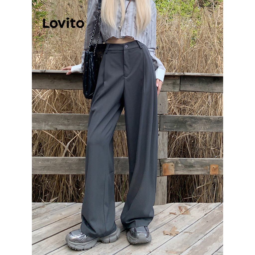 Detalhes do Lovito Calça Casual Calça Drapeada Lisa Para Mulheres LNA29025 (Cinza/Preto)