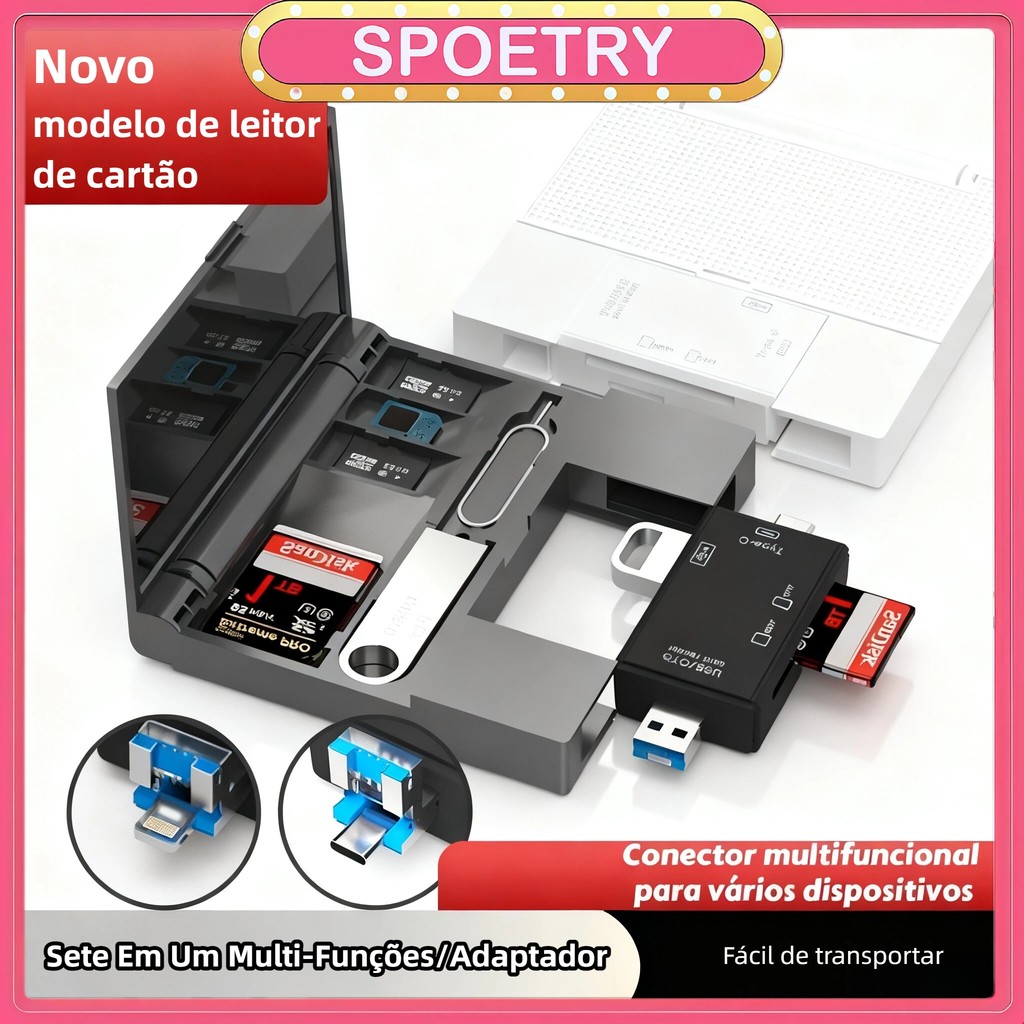Leitor de cartão 7 em 1 Tipo C + USB-A para SD/TF/MS / CF1 / Tipo C/USB 3.0 U HUB de usb lay