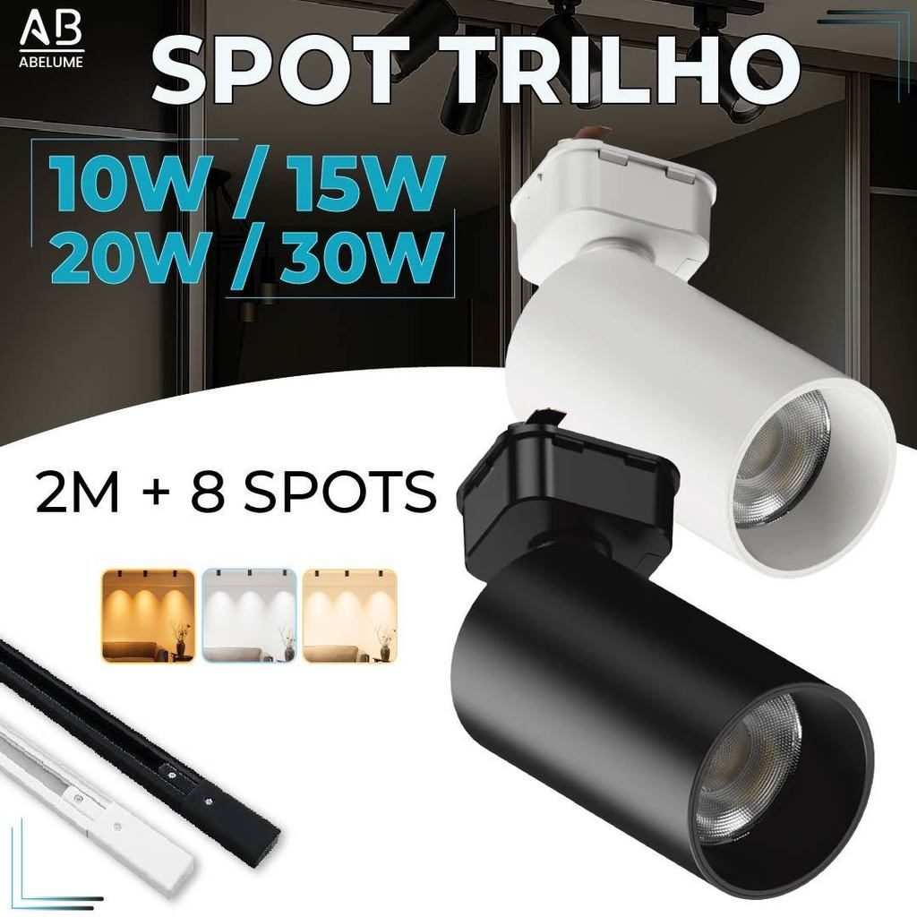 2M Trilho + 8 Spot LED 30W 20W 15W 10W Eletrificado + Trilho Tubinho Preto e Branco Bivolt em Oferta na Shopee