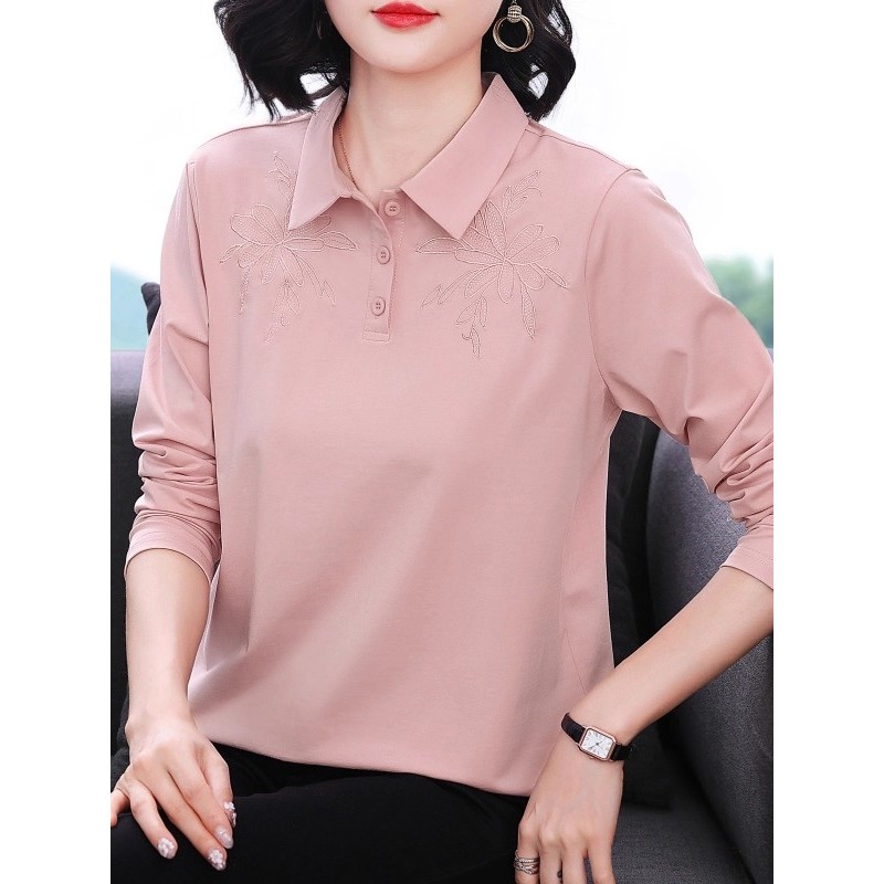 Mãe moda feminina puro algodão manga comprida camiseta feminina estilo ocidental lapela topo primavera outono estilo ele
