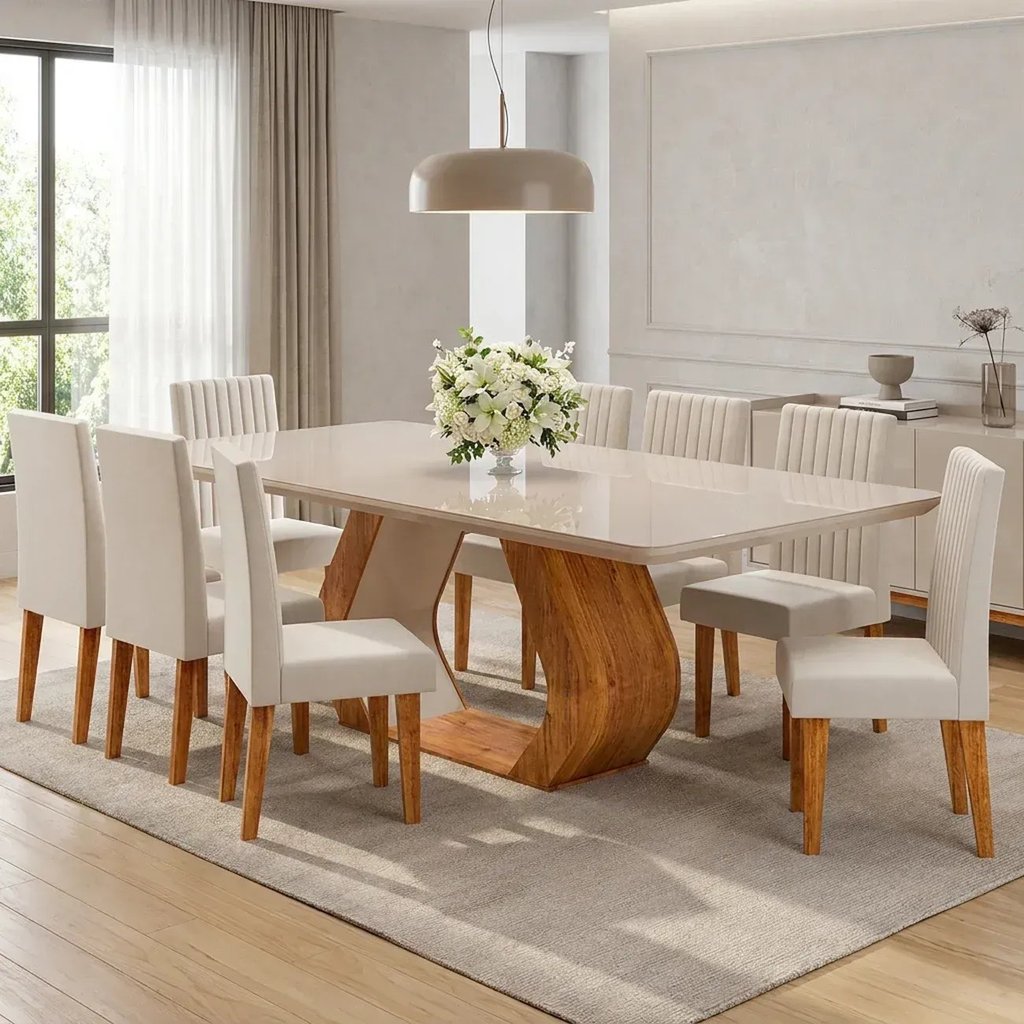Conjunto de Sala de Jantar 8 Lugares Retangular Tampo em Vidro e MDF Renova Yescasa Bege/Mel/Off White