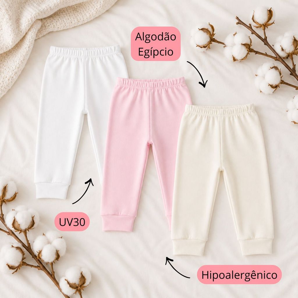 Kit 3 Calças Mijão Bebê Menina e Menino Algodão Egípcio Premium UV30 c/ Punho
