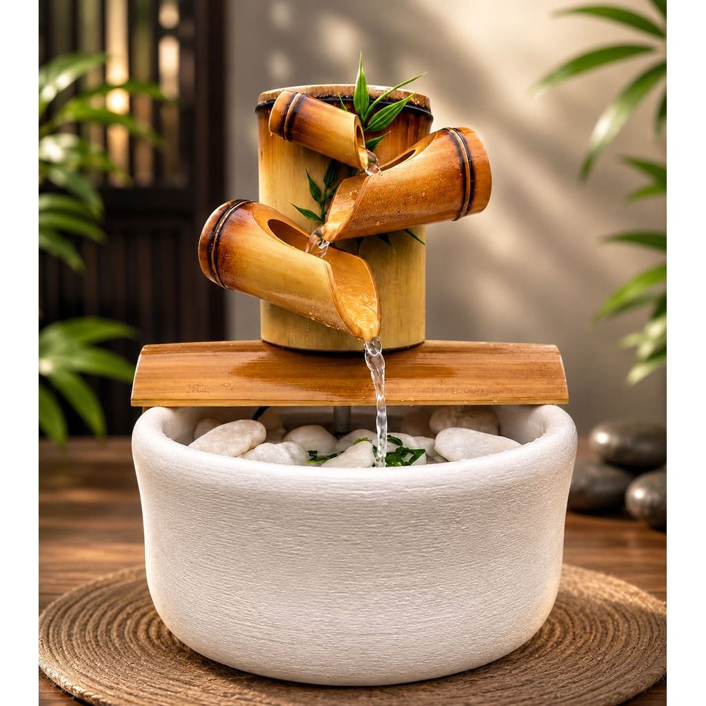 Imagem Fonte de Água Decorativa Zen Bambu Natural Feng Shui Cascata Bivolt Resina