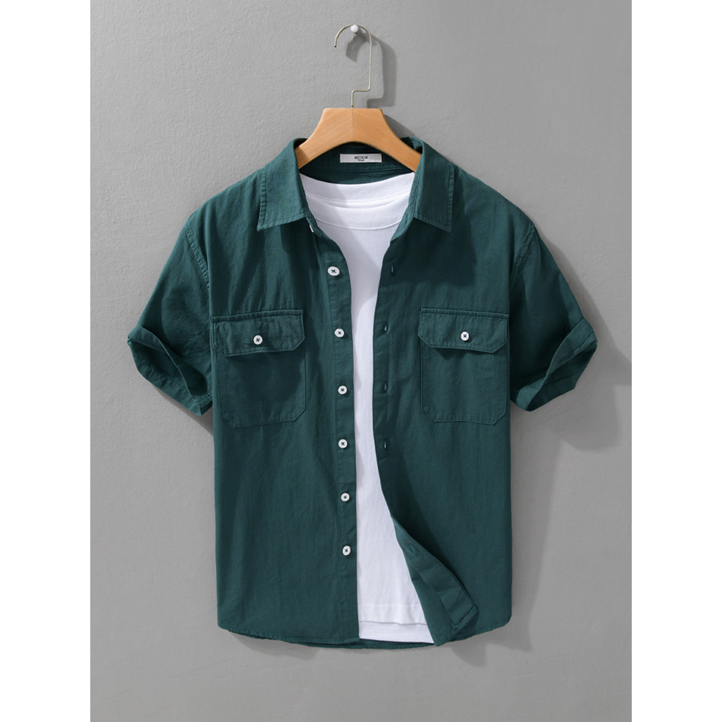 Japonês luz estilo maduro ferramentas camisa de manga curta masculina puro algodão respirável lapela polegada camisa sim