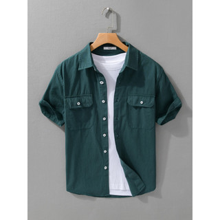 Japonês luz estilo maduro ferramentas camisa de manga curta masculina puro algodão respirável lapela polegada camisa sim
