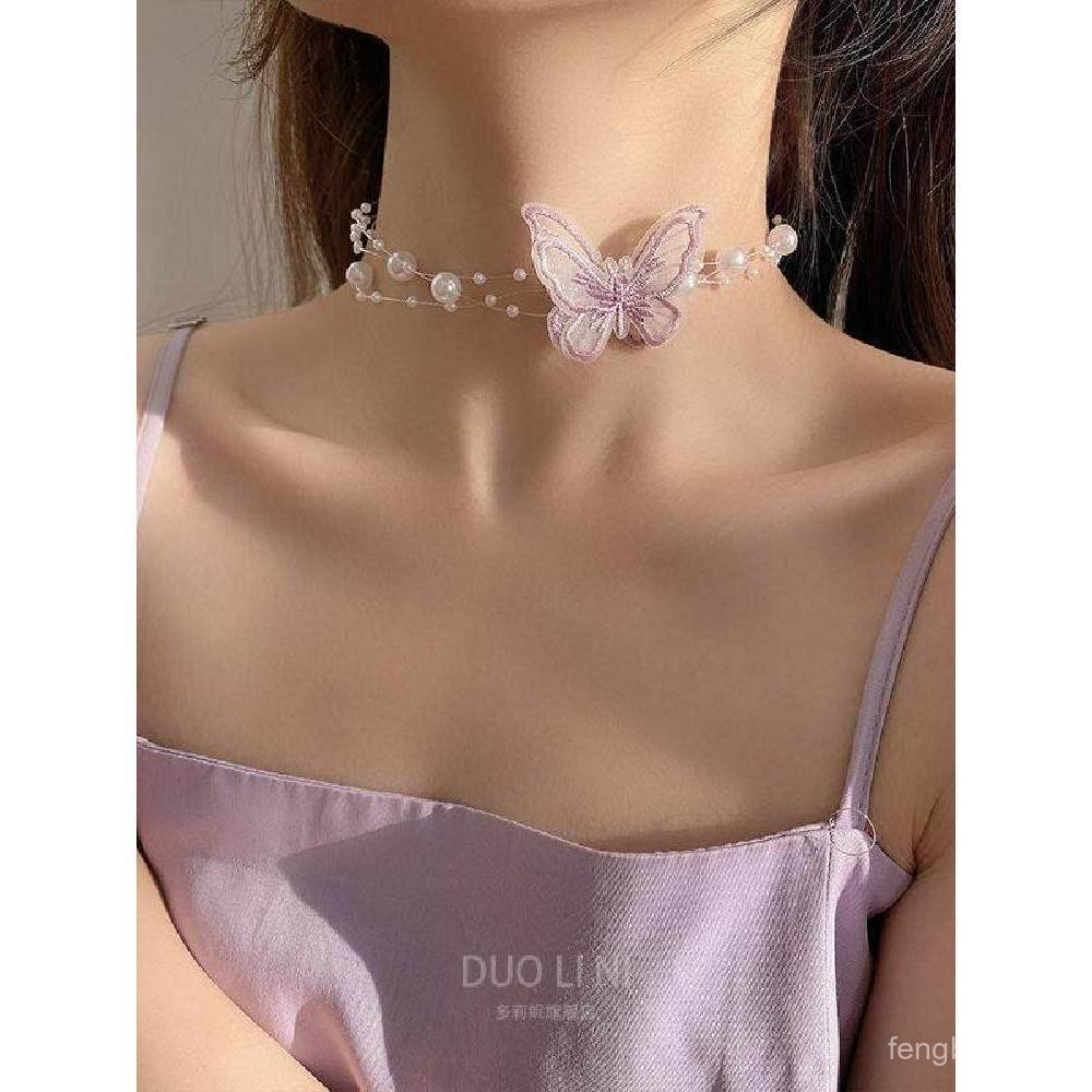 Colar de Pérolas Transparente com Borboleta para Mulheres, Colar de Clavícula Estilo Fada, Novo Colar Choker QSEZ