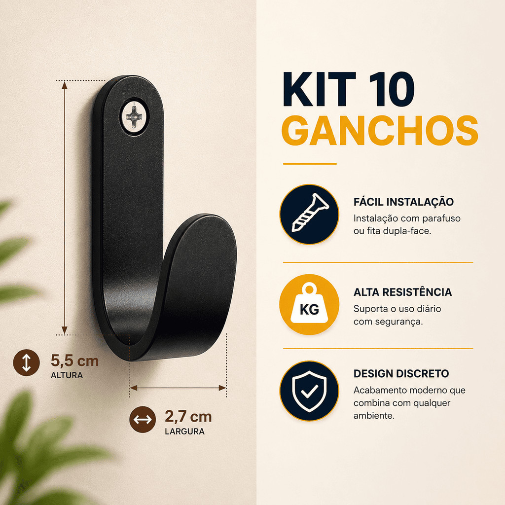Kit 10 Ganchos de Parede Organizador Banheiro Cozinha Suporte Toalhas Roupa Chaves Bolsas