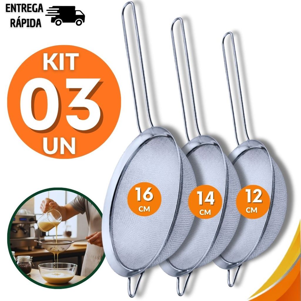 Conjunto Peneiras Coador Aço Inox 12/14 E 16Cm Resistente Cozinha Restaurante Farinhas Líquidos Utilidades