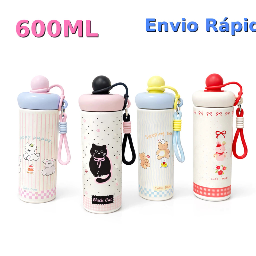 Garrafa Térmica 600ml Infantil Aço Inox 316 Dupla Camada com Canudo Tampa Rosca com Esfera Alça Portátil Sem BPA