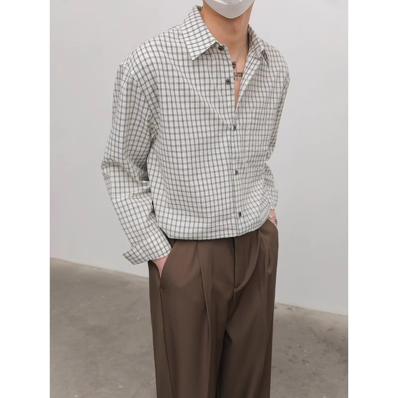 2025 primavera coreano solto Casual camisa de manga comprida masculina High-End topo na moda bonito xadrez lapela camisa