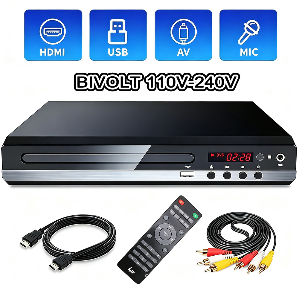 Dvd Player Leitor De DVD Full HD 1080P Sem Região Entrada USB HDMI MIC Karaokê Bivolt 110V-240V