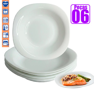 Kit jogo 06 Pratos Fundo Sopa quadrado branco Opaline liso vidro temperado 22cm cozinha hotel