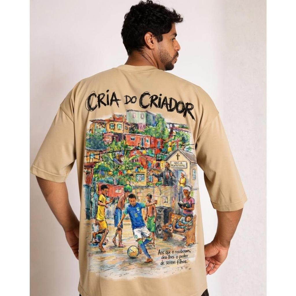 Camiseta Masculina Streetwear Algodão Penteado Infantil Adulto Plus Size Estampa Cria do Criador Favela Brasil Over