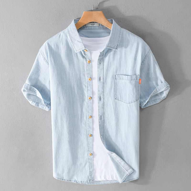 Renben verão Denim camisa de manga curta masculina solta clássico All-Match juventude azul simples camisa masculina na m