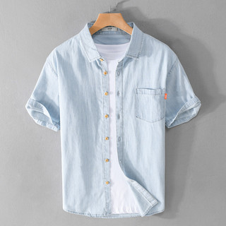 Renben verão Denim camisa de manga curta masculina solta clássico All-Match juventude azul simples camisa masculina na m
