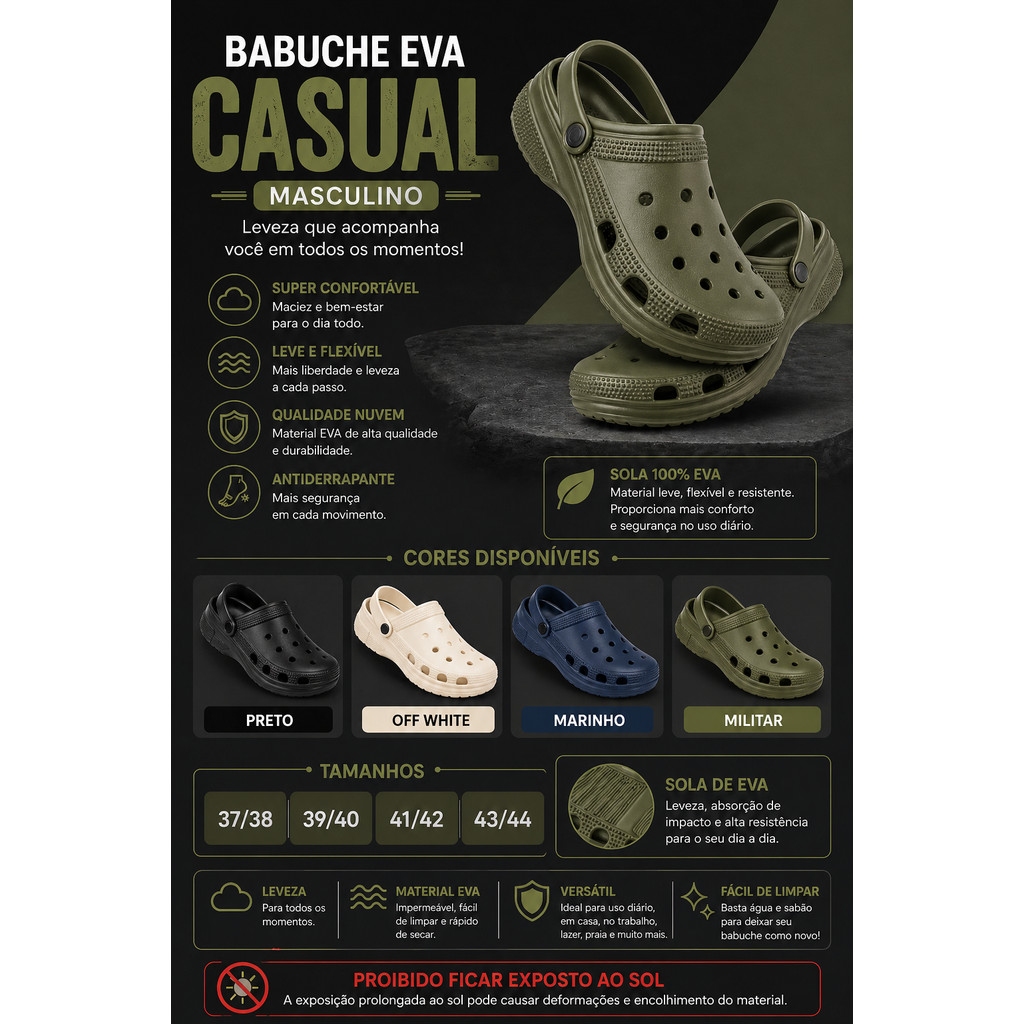 Babuche Masculina EVA Antiderrapante Confortável Leve - Tamanhos 37 ao 44