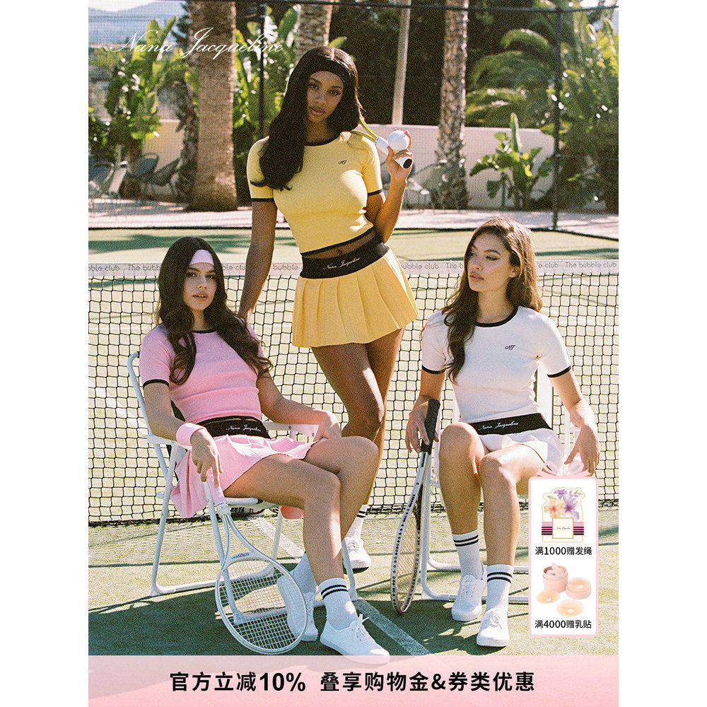 NaJacqueline Contraste Cor Bordado Retro Moda Malha Terno Esportivo Feminino Primavera Golf Tênis Badminton