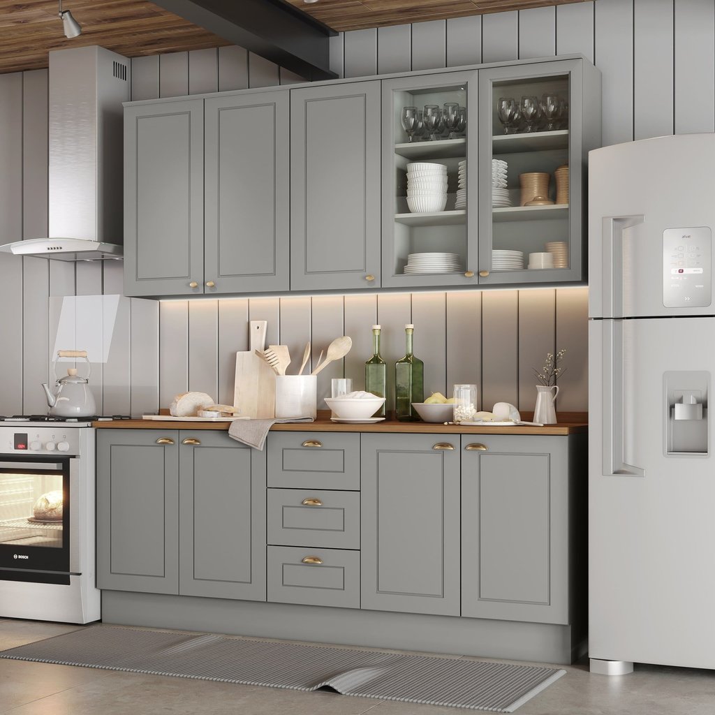 Cozinha Compacta 4 Peças 100% MDF com Aéreo de Vidro e Tampo para Balcão Pia Cinza/Nature Americana Cinza/Nature