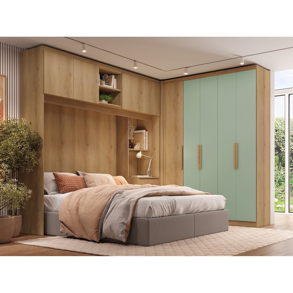 Guarda-Roupa Modular em L 4 Portas com Cabeceira Milan Marrom/Capuccino/Menta Capuccino/Menta