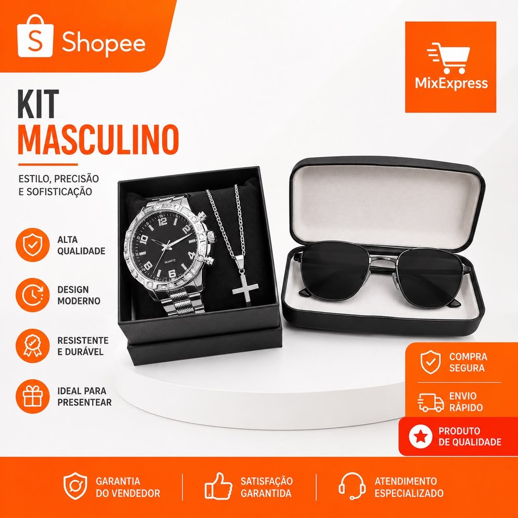 Kit Masculino Luxo Relógio + Óculos de Sol + Corrente com Pingente Cruz | Presente Masculino Completo