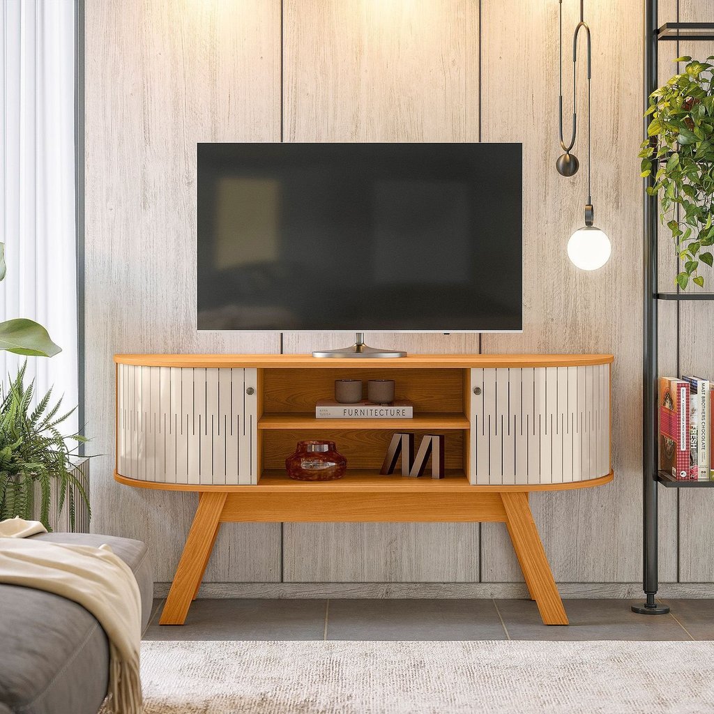 Rack para TV até 55 Polegadas MDF 136cm Curvo Atlanta Marrom Cinamomo/Off White