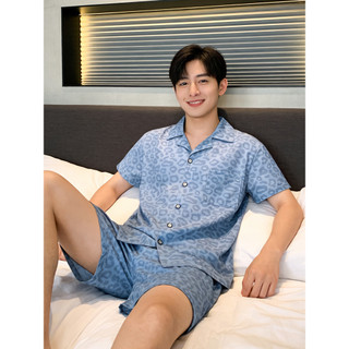 Pijamas masculinos verão legal gelo seda Shorts de manga curta Loungewear masculino verão leopardo impressão pode usar f