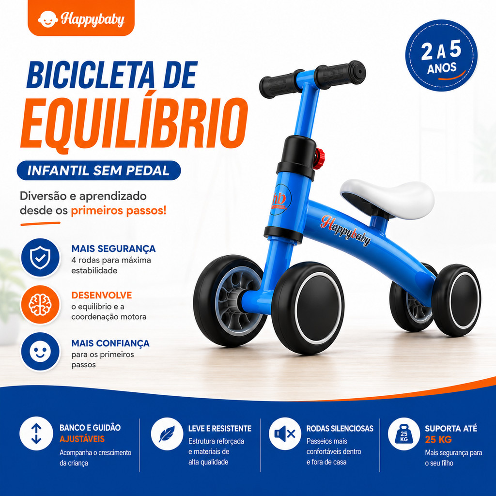 Bicicleta Infantil Sem Pedal 4 Rodas Antitombo Desenvolve Equilíbrio Coordenação Motora Presente para Crianças
