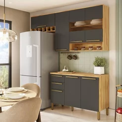 Armário de Cozinha Compacta Modulada 3 Peças 7 Portas com Tampo e Vidro 100% MDF Itália Espresso Móveis