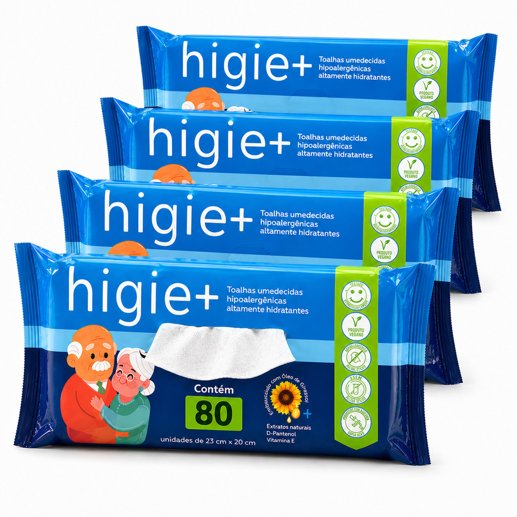 Kit 4 Lenço Umedecido Geriátrico 80 Folhas - Limpeza Delicada Hidratação Conforto Uso Diário – Higie+
