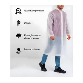 Capa Chuva com Gabardina grossa e comprida transparente reforçada reutilizável