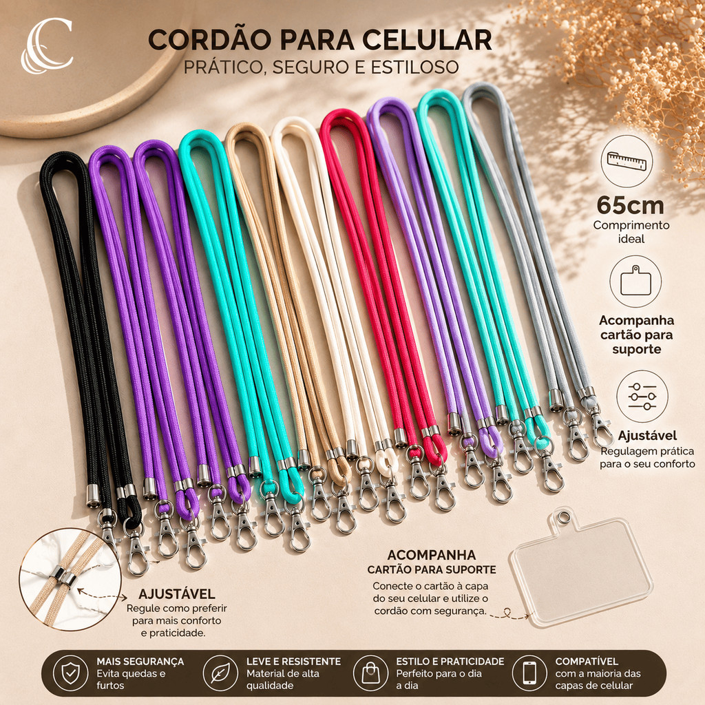 Cordão para Celular Ajustável 65cm com Cartão de Suporte