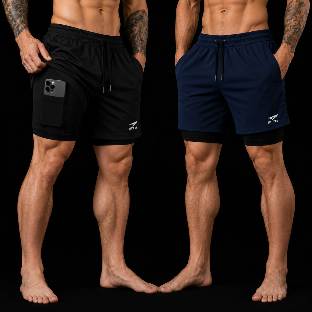 Bermuda Masculina 2 Em 1 ETB Sport Short Dry Fit Academia
