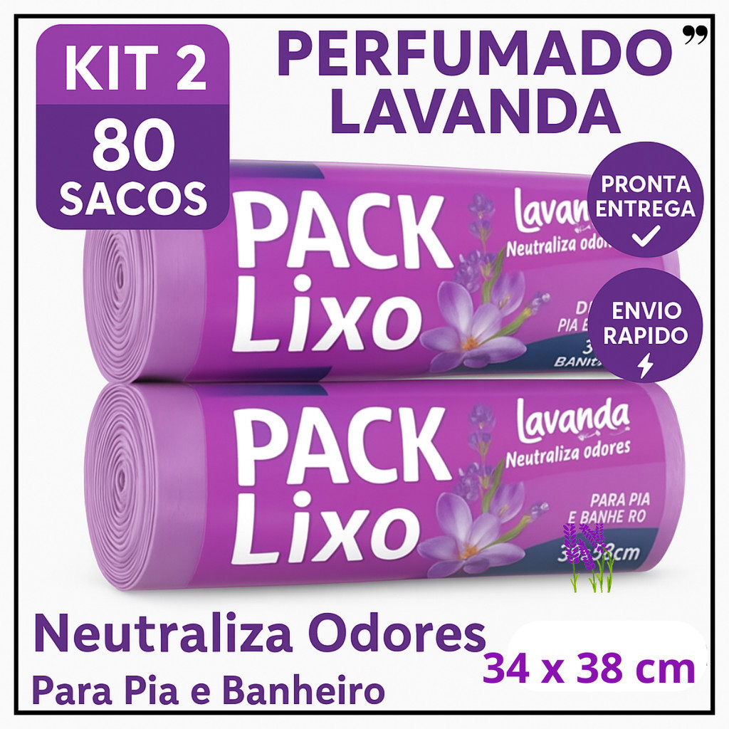 Saco de Lixo Perfumado Lavanda 80 Unidades Kit 2 Rolos Reforçado Para Pia Banheiro Cozinha 34x38cm Anti Odor Neutraliza