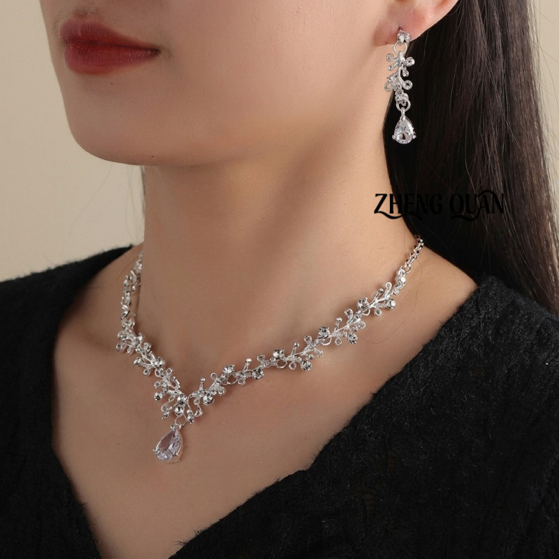Conjunto de Joias de Noiva com Colar e Brincos de Cristal em Forma de Flor e Gota para Mulheres, Acessórios para Casamen