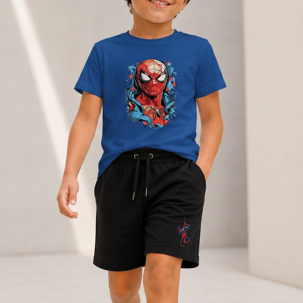 Kit Infantil Camiseta Menino Homem Aranha Spider Man Rosto e Bermuda Moletinho