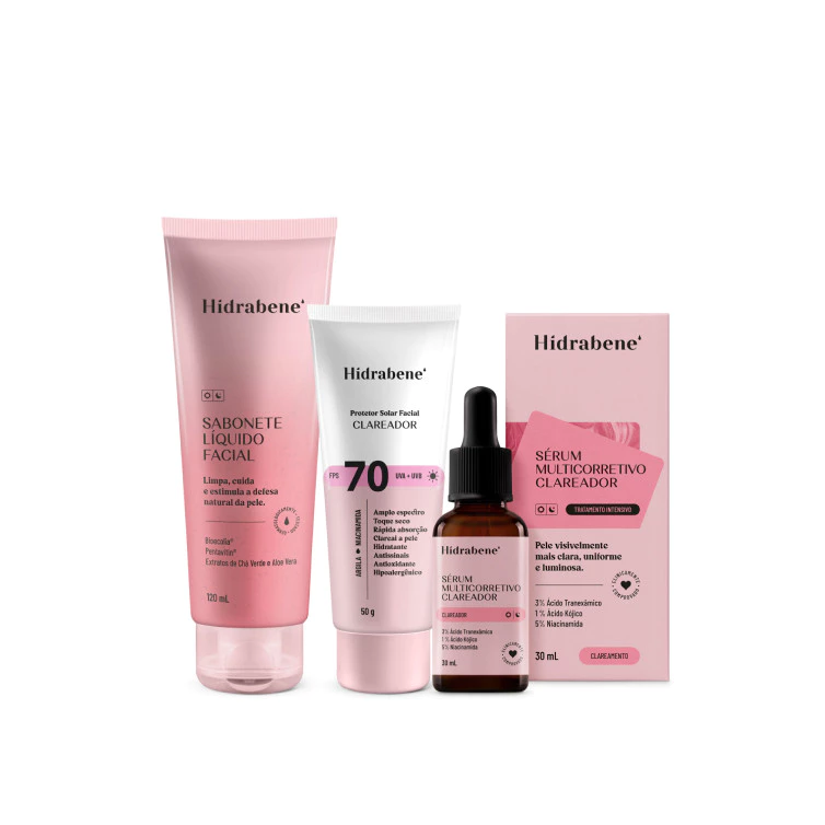 Kit Clareador Facial - Sabonete Líquido + Protetor Solar Clareador 70 FPS + Sérum Multicorretivo Clareador — imagem 1