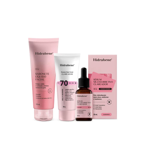 Kit Clareador Facial - Sabonete Líquido + Protetor Solar Clareador 70 FPS + Sérum Multicorretivo Clareador