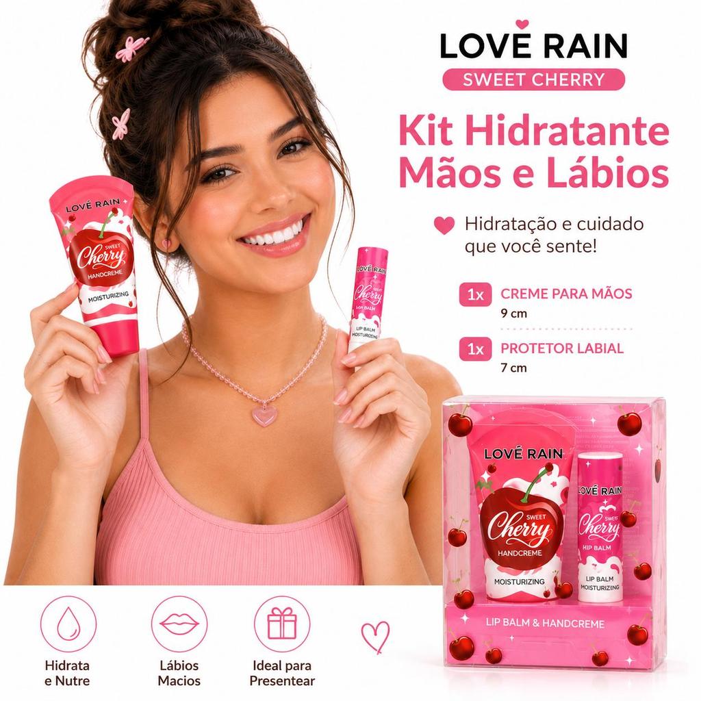 Kit Creme para Mãos + Lip Balm LOVE RAIN | Hidratação Diária | Morango Cereja Pêssego